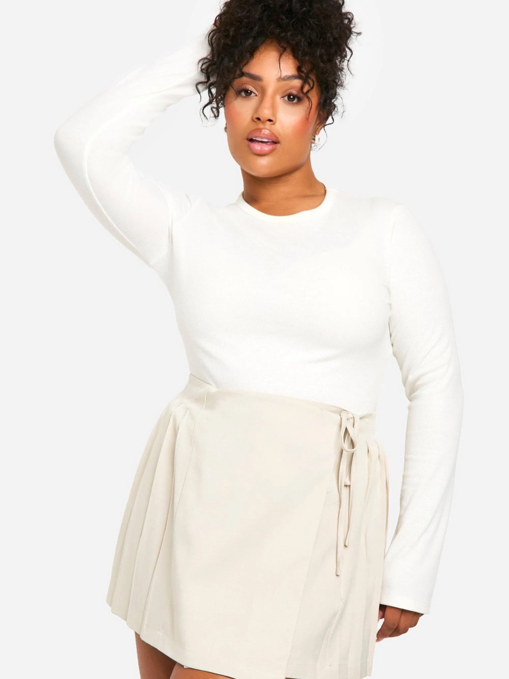 Boohoo Camel Tie Detail Pleated Mini Skirt